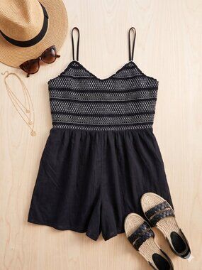 Black Smocked Romper with White Stitching